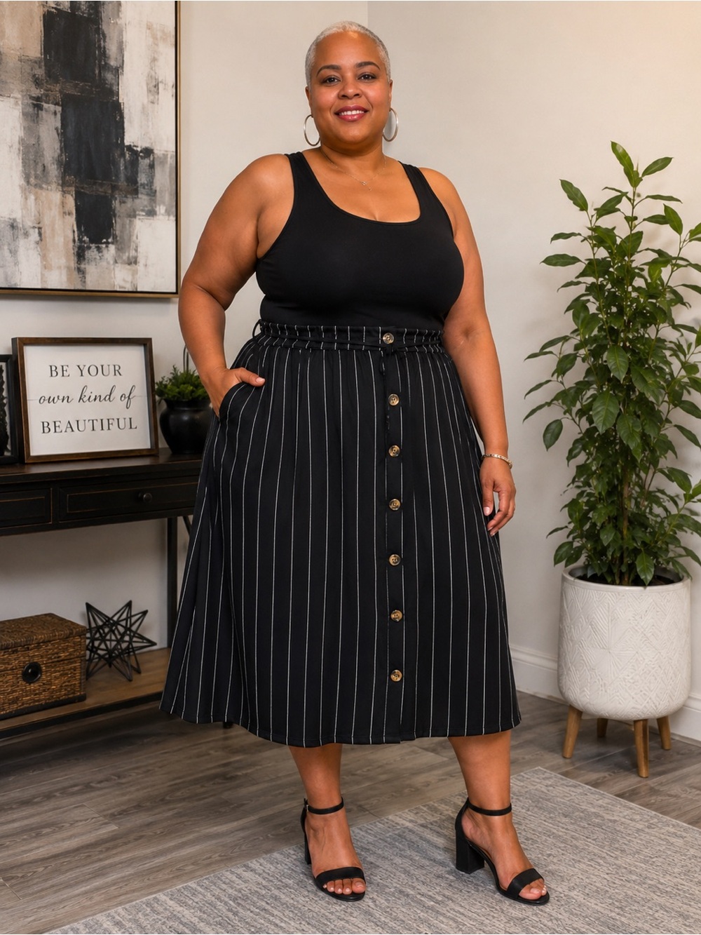 Terra & Sky Black Pinstripe Button-Front Midi Skirt with Tie Waist